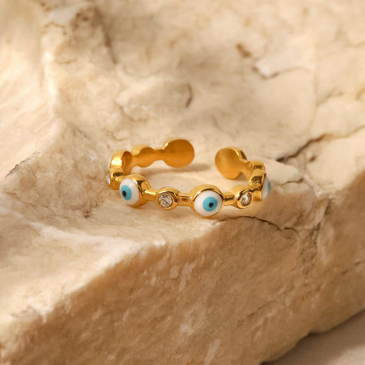 Anillo Abierto de Ojo protección Bañado en Oro 18K • Amuleto y Estilo