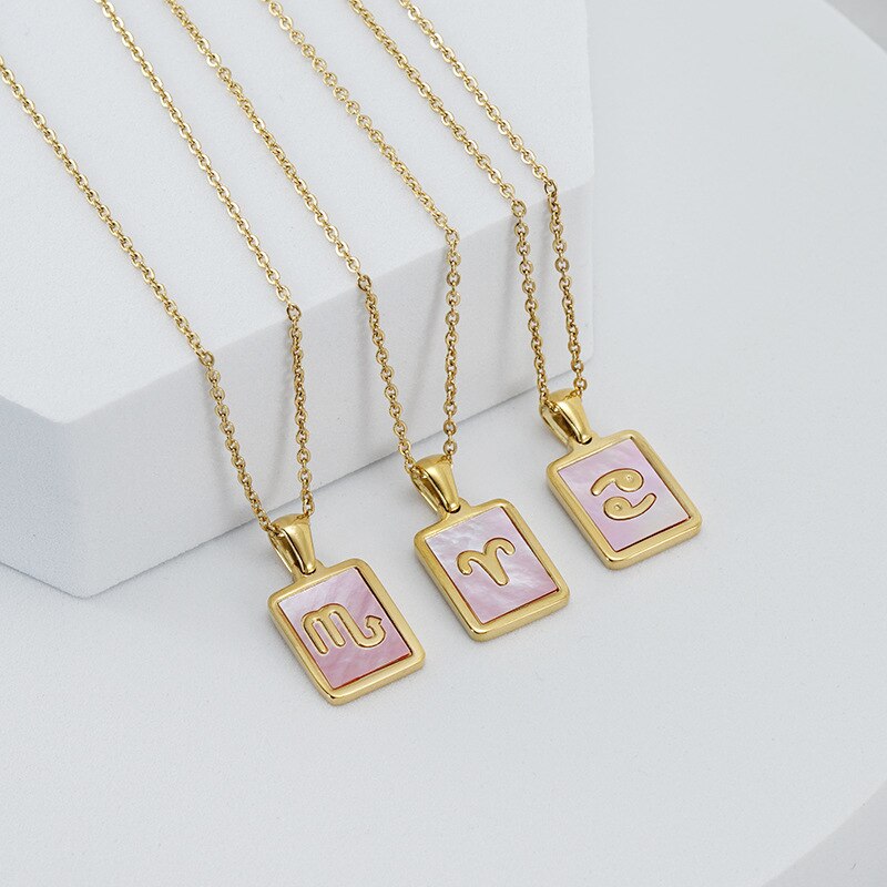 Collar Gargantilla de Constelación del Zodiaco con Concha Rosa • Acero Bañado en Oro 18K