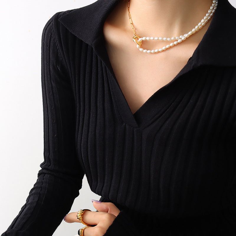 Collar de Perlas de Agua Dulce y Acero Inoxidable Bañado en Oro 18K • Lujo Natural
