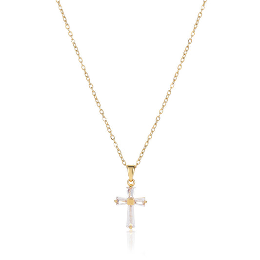 Collar de Clavícula con Cruz y Zirconia en Acero Bañado en Oro 18K • Diseño Geométrico