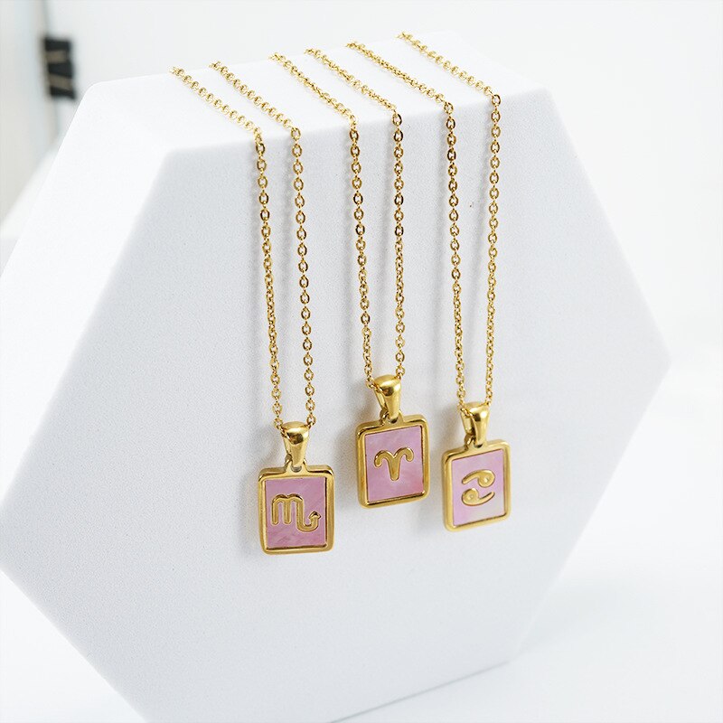 Collar Gargantilla de Constelación del Zodiaco con Concha Rosa • Acero Bañado en Oro 18K