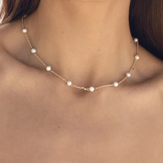 Collar de Perlas de Agua Dulce Bañado en Oro 18K REGINA • Acero Inoxidable