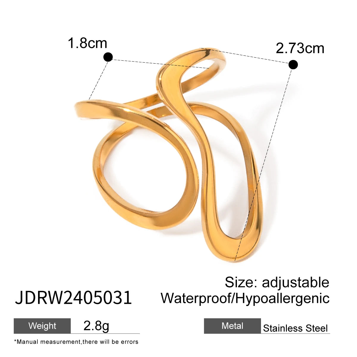 Anillo Abierto de Líneas Irregulares en Acero Bañado en Oro 18K • Diseño Contemporáneo
