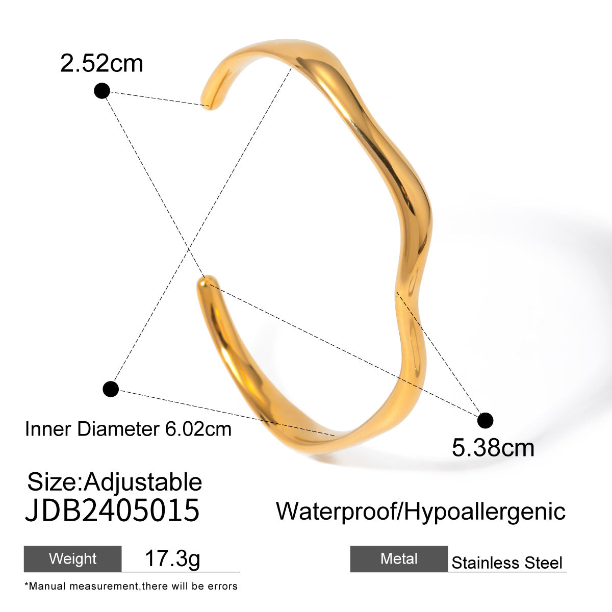 Brazalete Abierto Ondulado Bañado en Oro 18K VALENTINA • Acero Inoxidable